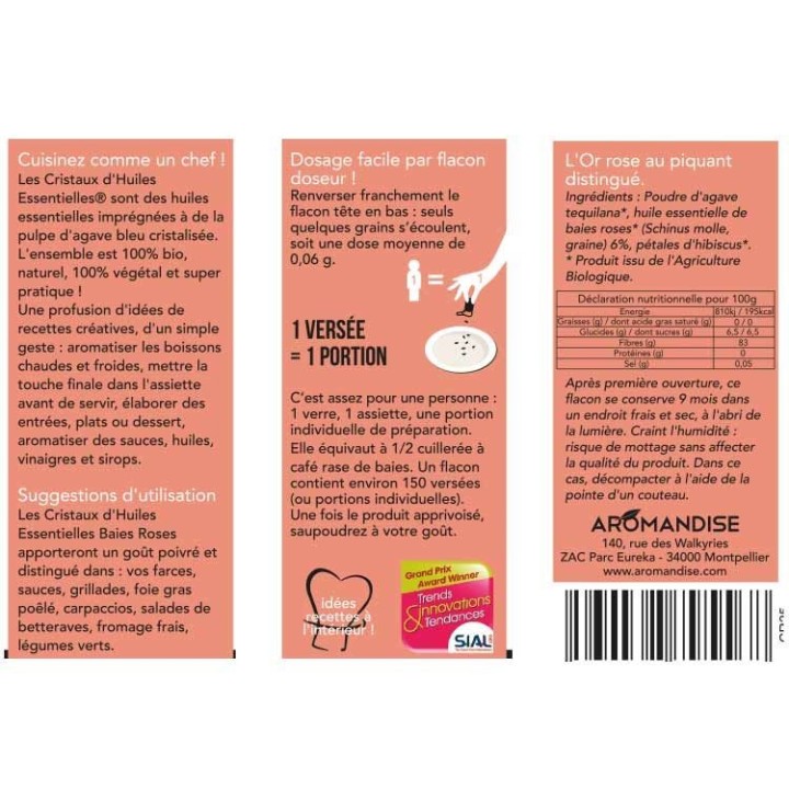 Cristaux d'huiles essentielles BIO à cuisiner, Baies roses - 10g - Aromandise