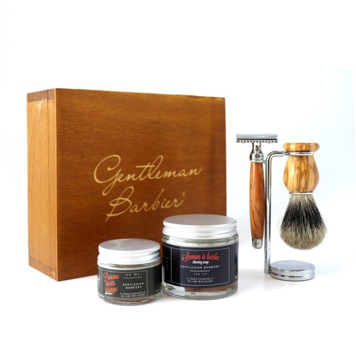 Magnifique coffret de Rasage Sûreté en Olivier de fabrication artisanale, 5 pièces - Gentleman Barbier