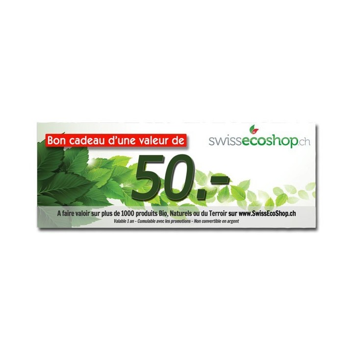 Bon Cadeaux d'une valeur de 50.- sur SwissEcoShop.ch + Offert 10% de cette valeur pour vous !