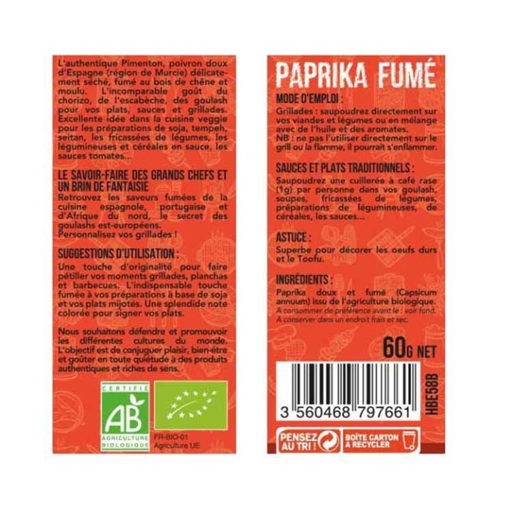 Paprika fumé BIO, pour grillades, marinades ... - Saupoudroir 60g - Aromandise