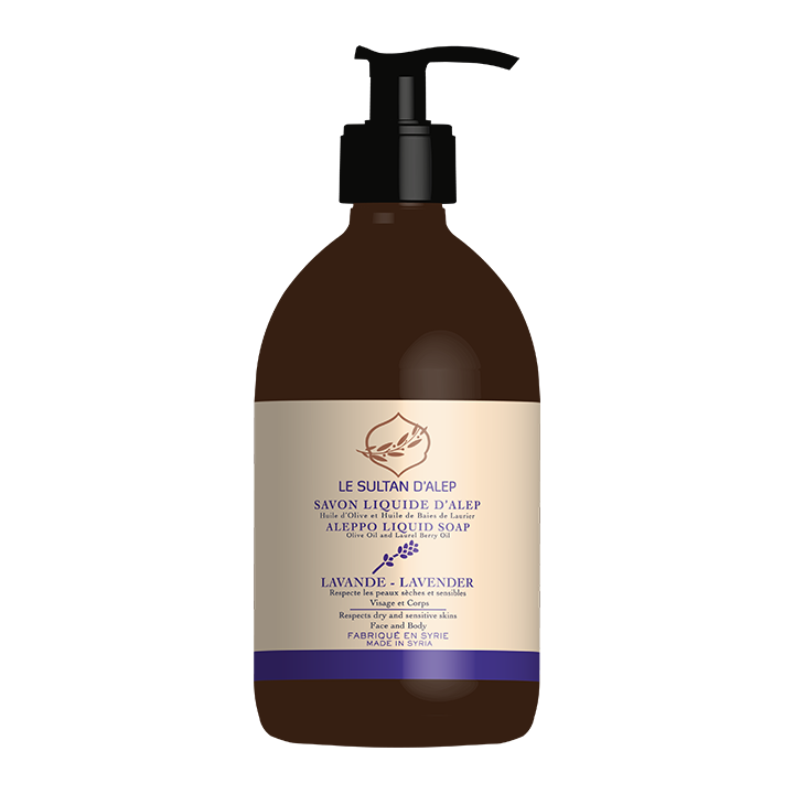 Savon d'Alep parfumé liquide de Syrie, Laurier & d’olive - LAVANDE - 500ml avec pompe - Le Sultan d'Alep