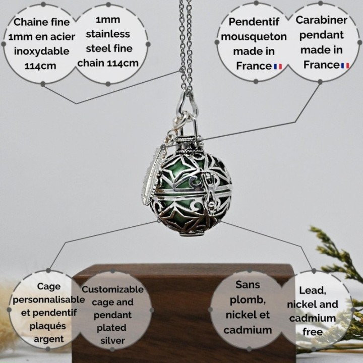 Bola di gravidanza argentata, gabbia a stella, LIDIA - ⌀ 2,2 cm e catena 114cm - Irréversible Bijoux