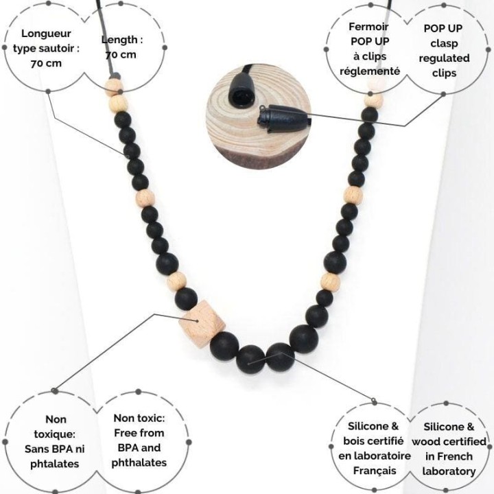 Collana da allattamento in silicone - Gioielli irreversibili in nero e legno