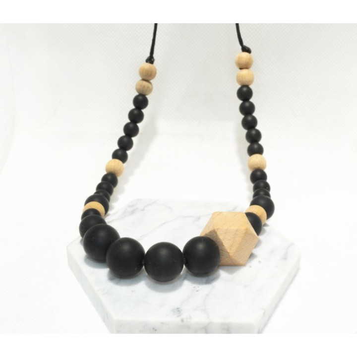 Collier d'allaitement (ou de portage) en silicone - Noir & Bois Irréversible Bijoux