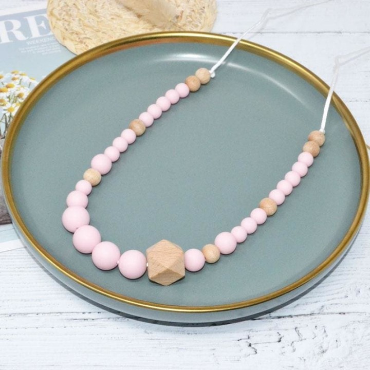Collier d'allaitement (ou de portage) en silicone - Rose & Bois - Irréversible Bijoux
