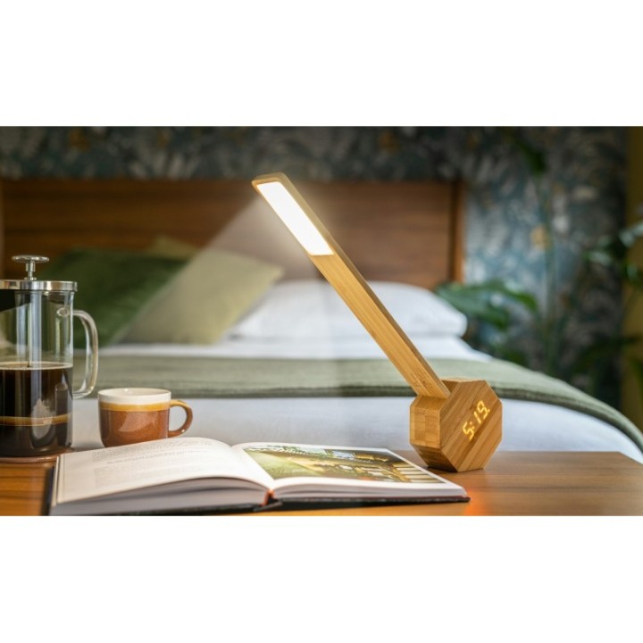Wecker & Tragbare Schreibtischlampe aus Bambusholz, Octagon One Plus - Gingko Design
