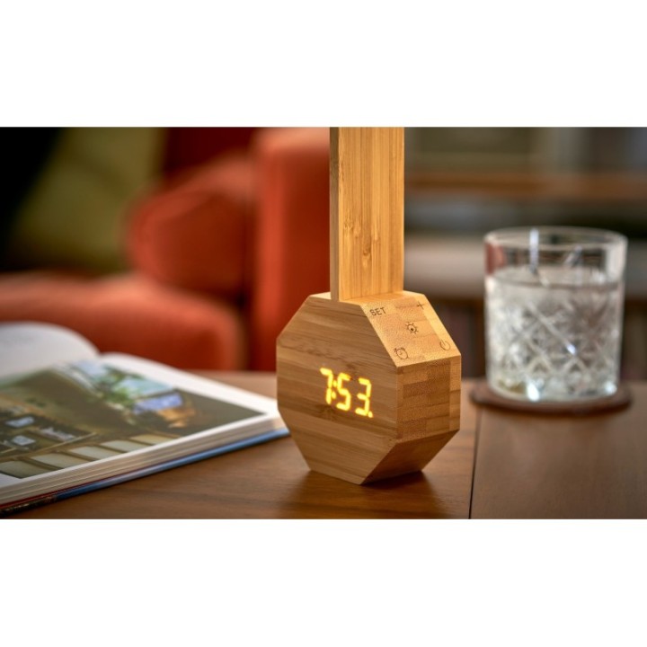 Wecker & Tragbare Schreibtischlampe aus Bambusholz, Octagon One Plus - Gingko Design