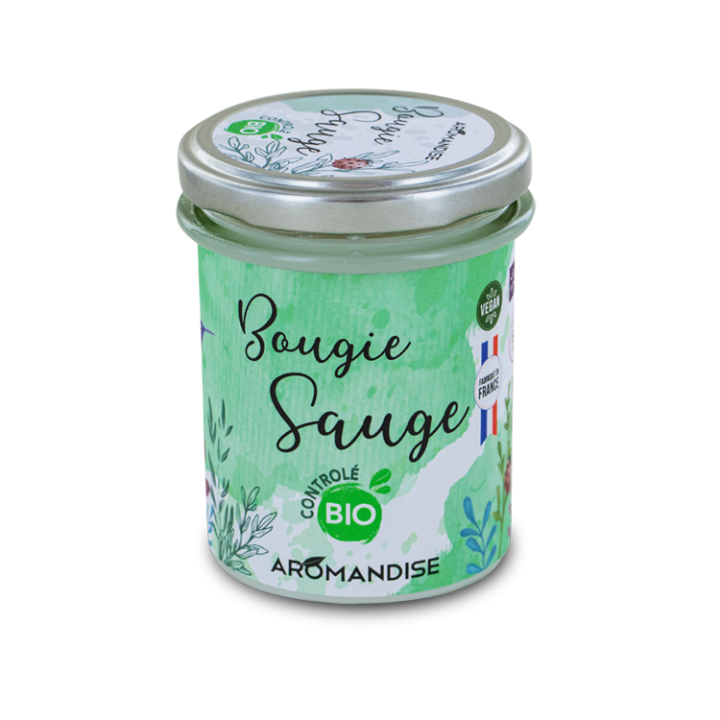 Candela per ambienti 100% naturale e biologica alla salvia con cera di soia, 30h - 150g - Aromandise