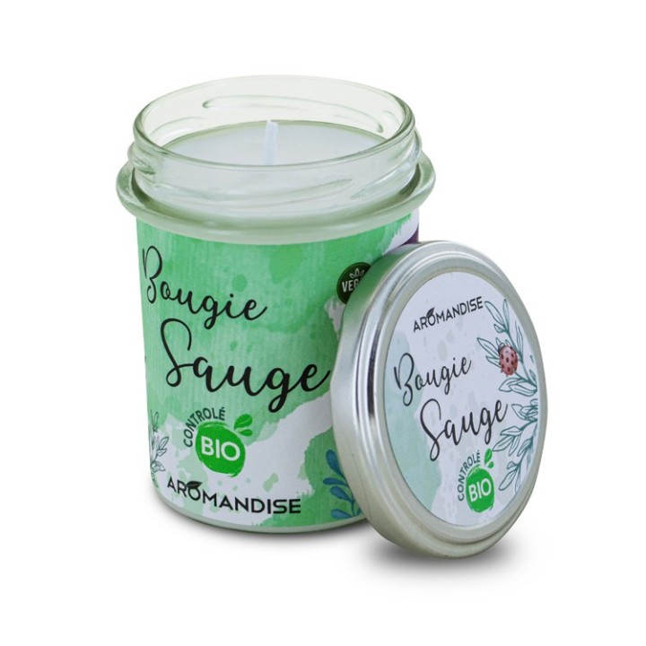 Candela per ambienti 100% naturale e biologica alla salvia con cera di soia, 30h - 150g - Aromandise