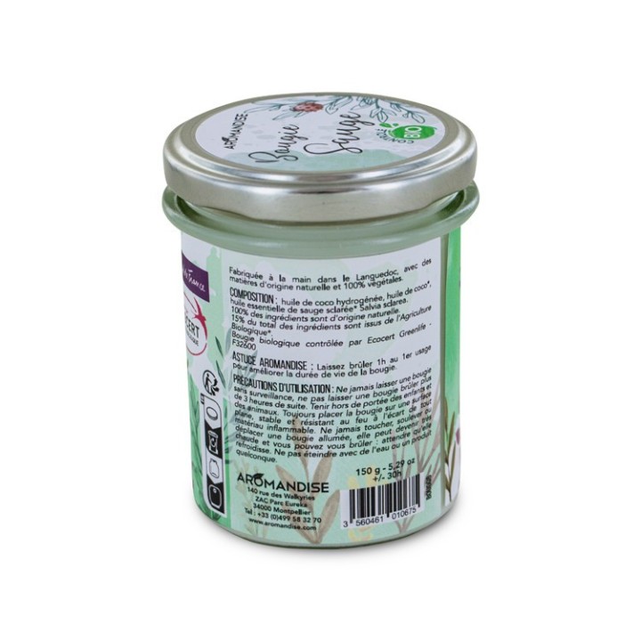 Raumkerze "Salbei" 100% natürlich & Bio mit Sojawachs, 30h - 150g - Aromandise