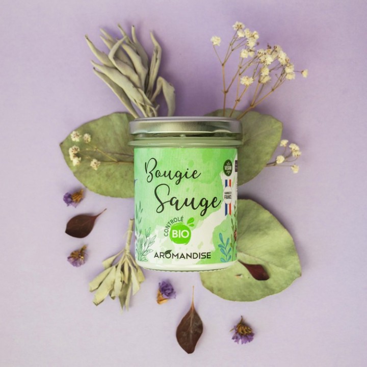 Candela per ambienti 100% naturale e biologica alla salvia con cera di soia, 30h - 150g - Aromandise