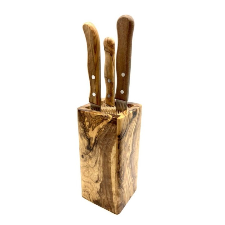 Olivenholz Messerblock DESIGN mit Halterung aus Holzspießen - Olivenholz Erleben