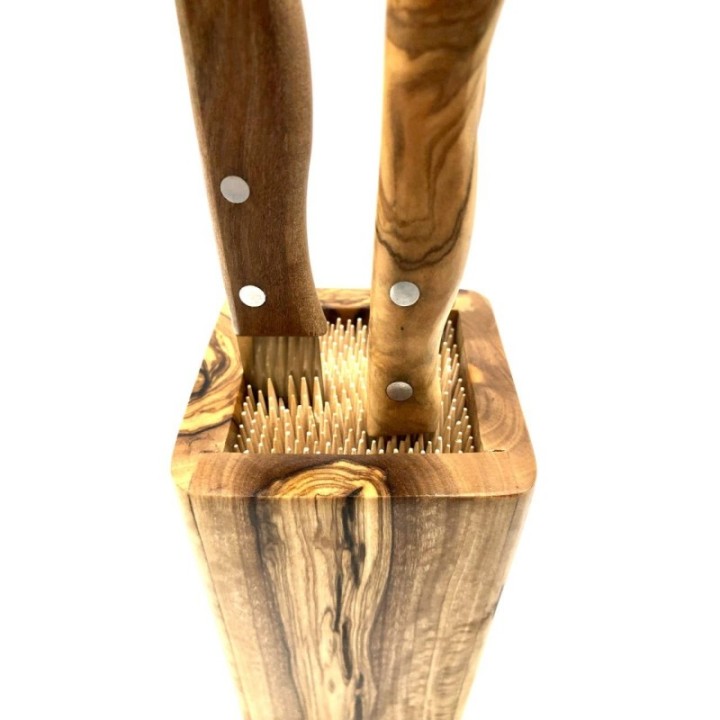 Bloc à couteaux en bois d'olivier DESIGN avec support en piques de bois - Olivenholz Erleben