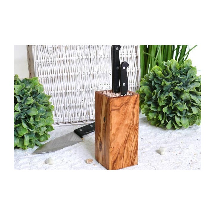 Olivenholz Messerblock DESIGN mit Halterung aus Holzspießen - Olivenholz Erleben