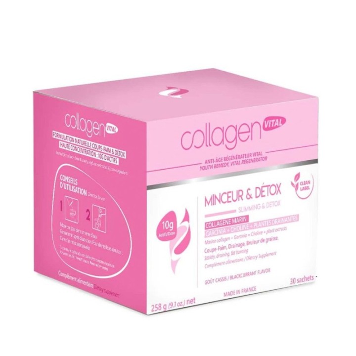 Collagen Vital Minceur & Détox, Détoxifiant, drainant, Bruleur de graisse, Coupe-faim - 30 Sachets, 258g - Vita