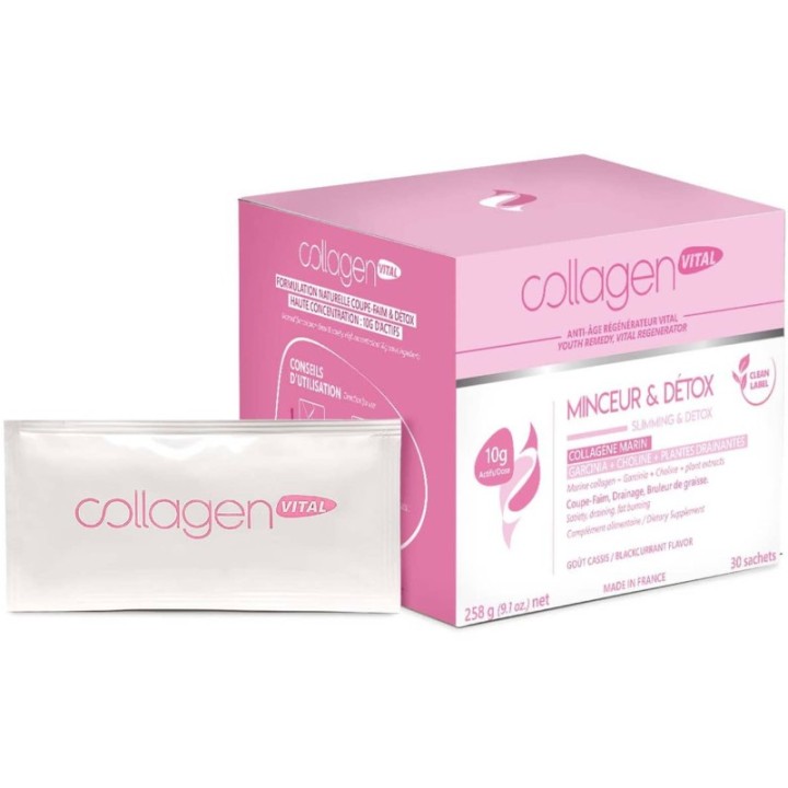 Collagen Vital Minceur & Détox, Détoxifiant, drainant, Bruleur de graisse, Coupe-faim - 30 Sachets, 258g - Vita