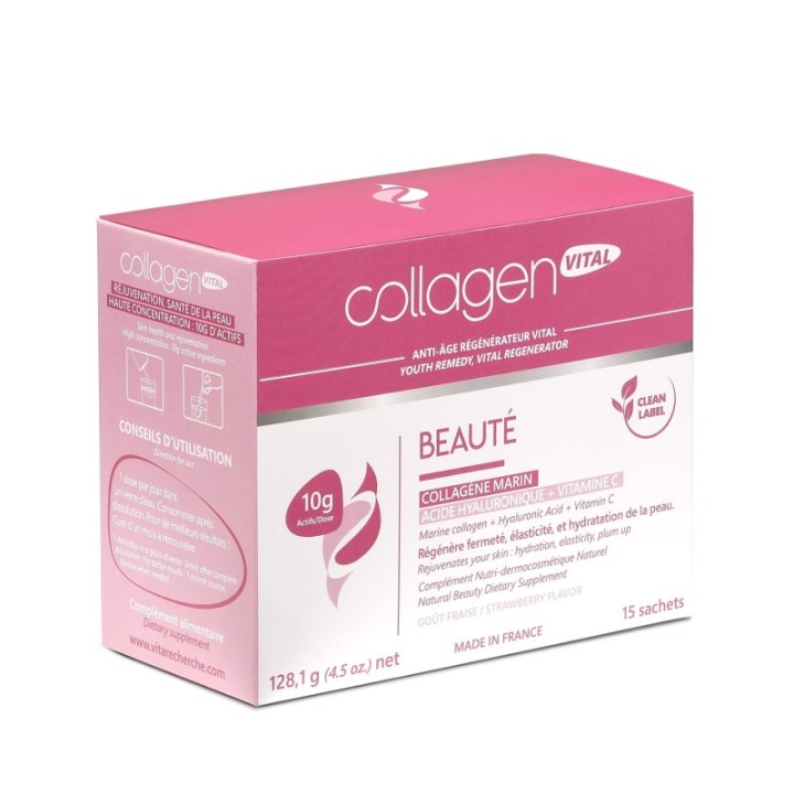 Collagen Vital Beauté, Fermeté, Elasticité, Hydratation et réduction des rides - 15 Sachets, 128g - Vita