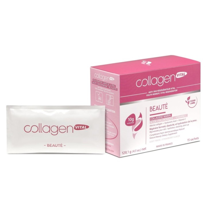 Collagen Vital Beauty, Straffheit, Elastizität, Feuchtigkeit und Faltenreduzierung - 15 Beutel, 128g - Vita