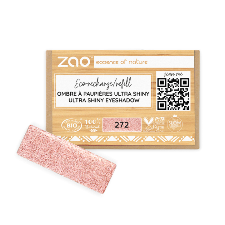 Ombretto ultra brillante (ricarica rettangolare) - 100% naturale, biologico e vegano - N°  272, Rosa delle Fate - Zao