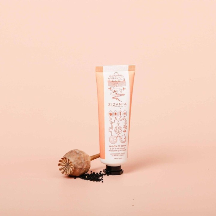 Seeds of Glow, 3-en-1 Bio Nettoyant-Masque-Gommage - Suisse & Bio - 50ml - Zizania