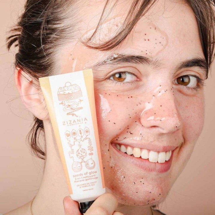 Seeds of Glow, 3-en-1 Bio Nettoyant-Masque-Gommage - Suisse & Bio - 50ml - Zizania