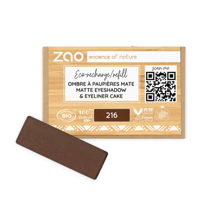 Ombretto opaco (ricarica rettangolare) - 100% naturale, biologico e vegano - N° 216, Marrone/Eyeliner cake - Zao