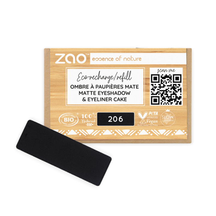 Fard à Paupières mats (en recharge rectangulaire) - 100% naturel, Bio & Vegan - N° 206, Noir/Eyeliner cake - Zao