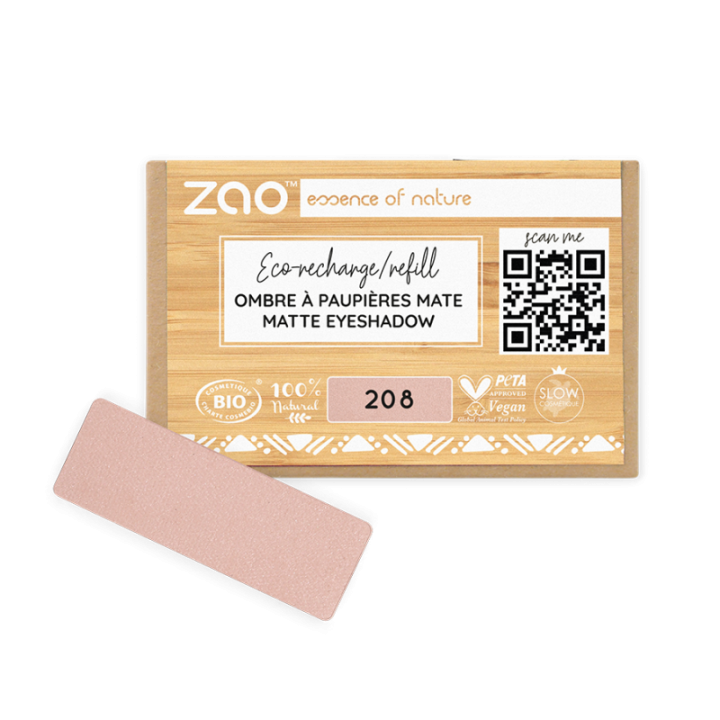 Ombretto opaco (ricarica rettangolare) - 100% naturale, biologico e vegano - N° 208, Nudo - Zao