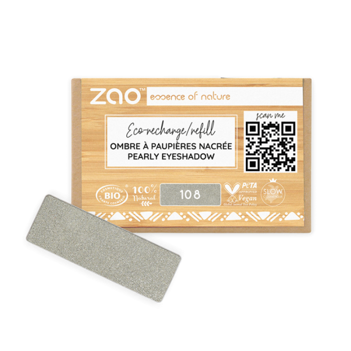 Ombretto perlato (ricarica rettangolare) - 100% naturale, biologico e vegano - N° 108, Grigio verde - Zao