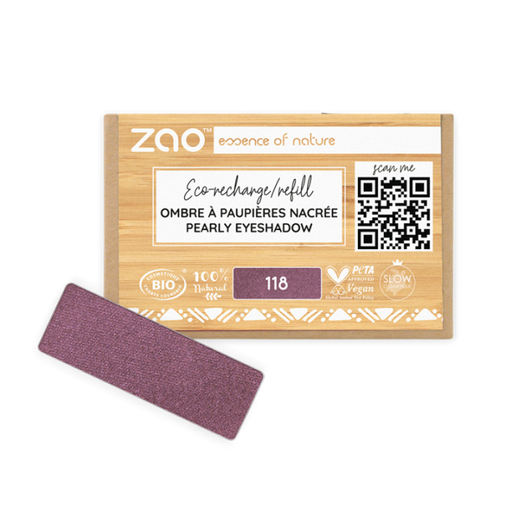 Fard à Paupières nacré (en recharge rectangulaire) - 100% naturel, Bio & Vegan - N° 118, Prune - Zao