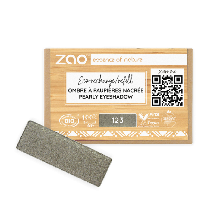 Fard à Paupières nacré (en recharge rectangulaire) - 100% naturel, Bio & Vegan - N° 123, Gris kaki - Zao