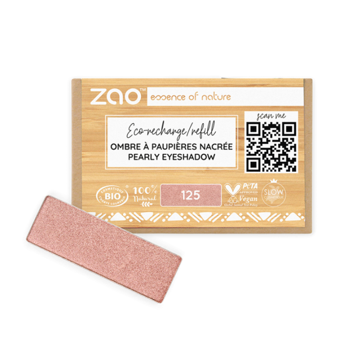 Fard à Paupières nacré (en recharge rectangulaire) - 100% naturel, Bio & Vegan - N° 125, Rose sunshine - Zao