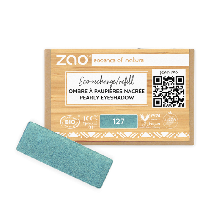 Perlmutt Lidschatten (in rechteckiger Nachfüllpackung) - 100% natürlich, bio & vegan - Nr. 127, Pfauenblau - Zao