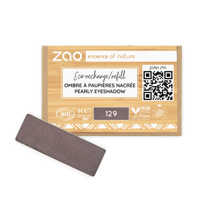 Fard à Paupières nacré (en recharge rectangulaire) - 100% naturel, Bio & Vegan - N° 129, Taupe - Zao