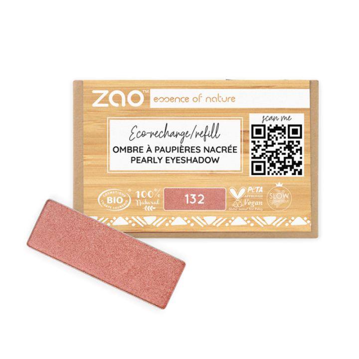 Fard à Paupières nacré (en recharge rectangulaire) - 100% naturel, Bio & Vegan - N° 132, Rose pêche - Zao