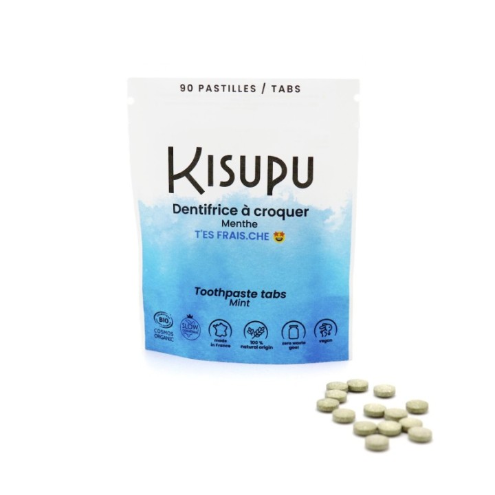 Dentifrice à croquer BIO & 100% naturel - Menthe, T'es frais.che - 90 pastilles -  Kisupu