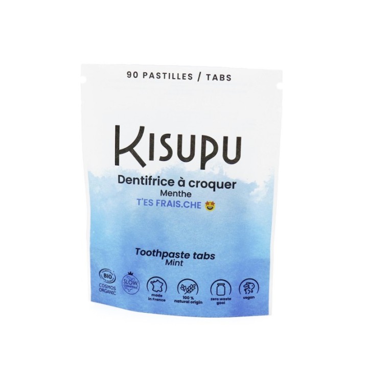 Dentifrice à croquer BIO & 100% naturel - Menthe, T'es frais.che - 90 pastilles -  Kisupu