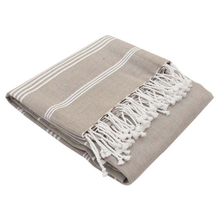 Fouta in cotone biologico, Collezione Hammam, Bianco e Taupe - 100x200cm - Karawan