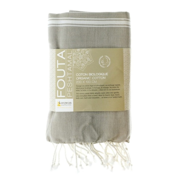Fouta in cotone biologico, Collezione Hammam, Bianco e Taupe - 100x200cm - Karawan
