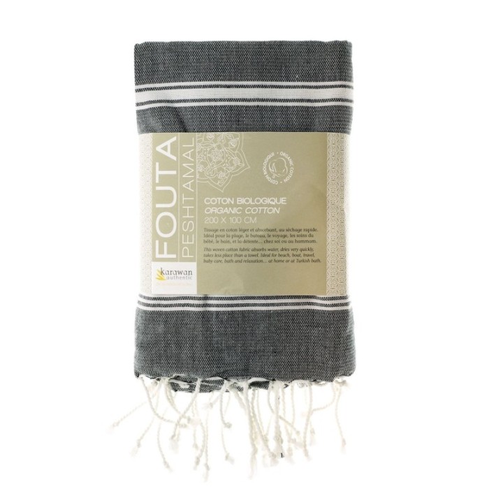 Fouta aus Bio-Baumwolle, Hammam-Kollektion, Weiß & Anthrazit - 100x200cm - Karawan
