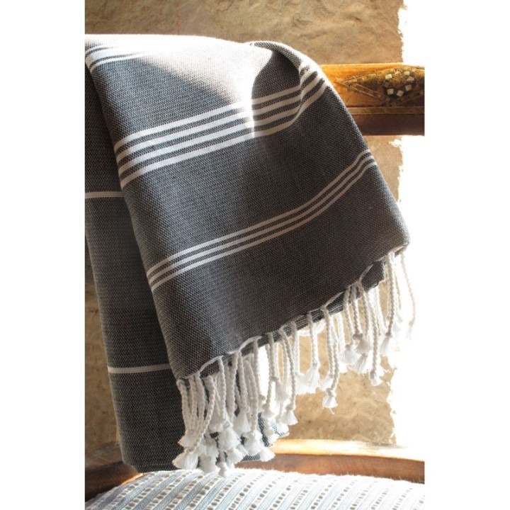 Fouta en coton biologique, Collection HAMMAM, Blanc & anthracite - 100x200cm - Karawan