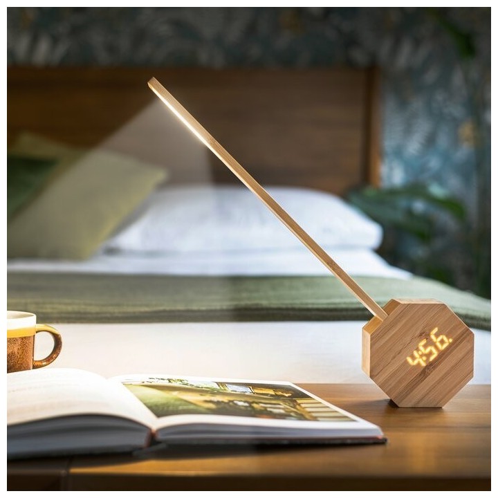 Sveglia e lampada da tavolo portatile in bambù, Octagon One Plus - Gingko Design