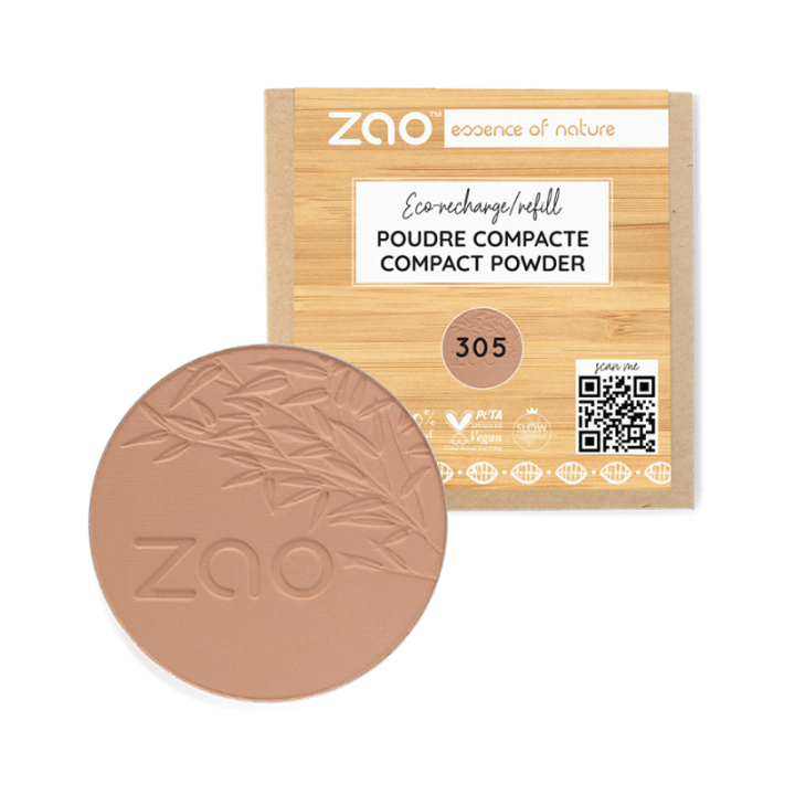 Ricarica, Polvere Compatta Viso - 100% Naturale, Biologico e Vegano - N°305, Cioccolato latte- Zao Make-up