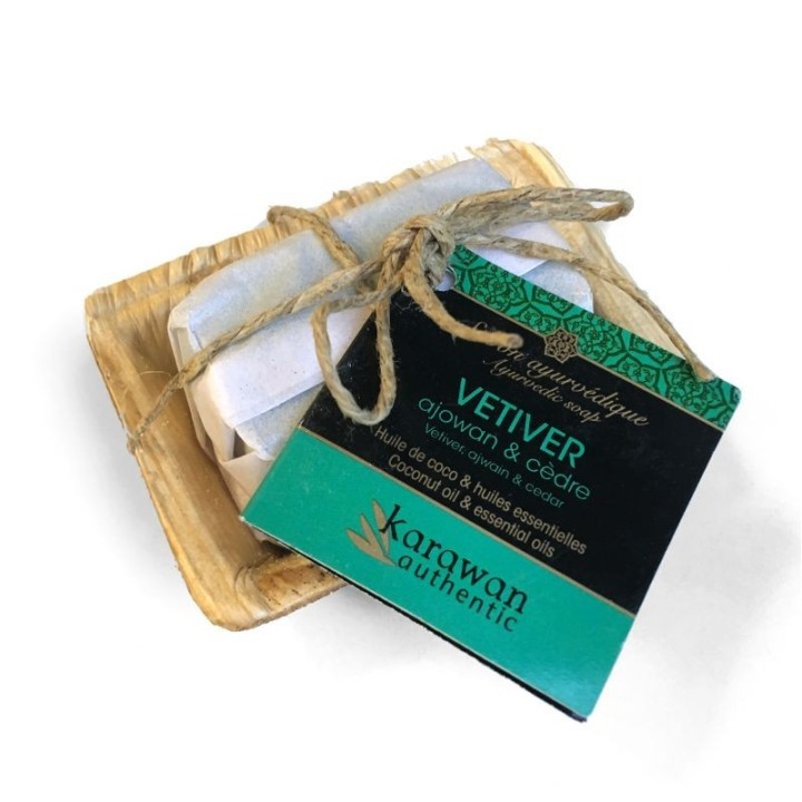Savon ayurvédique au Vétiver tonifiant dans sa feuille de palmier - Mini 20g - Karawan