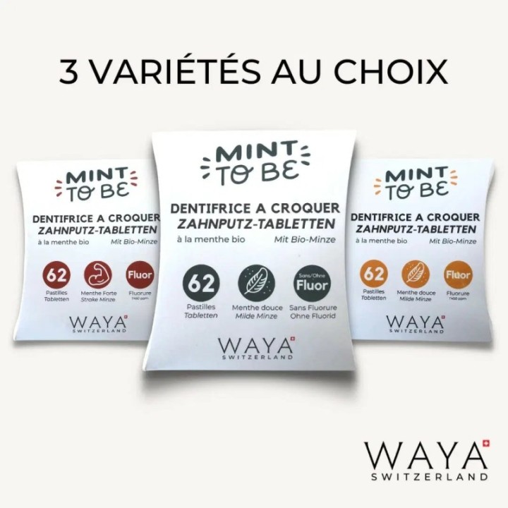 Dentifrice solide Suisse à la Menthe Bio, MOD, MOD fluor - 62 pastilles - Waya Cosmetics