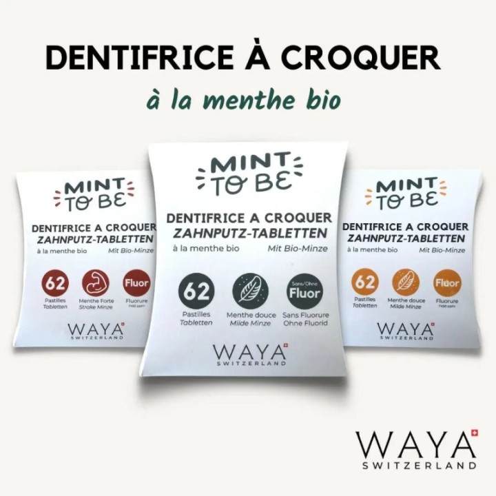 Dentifricio biologico alla menta svizzera, MOD, MOD fluor - 62 compresse - Waya Cosmetics