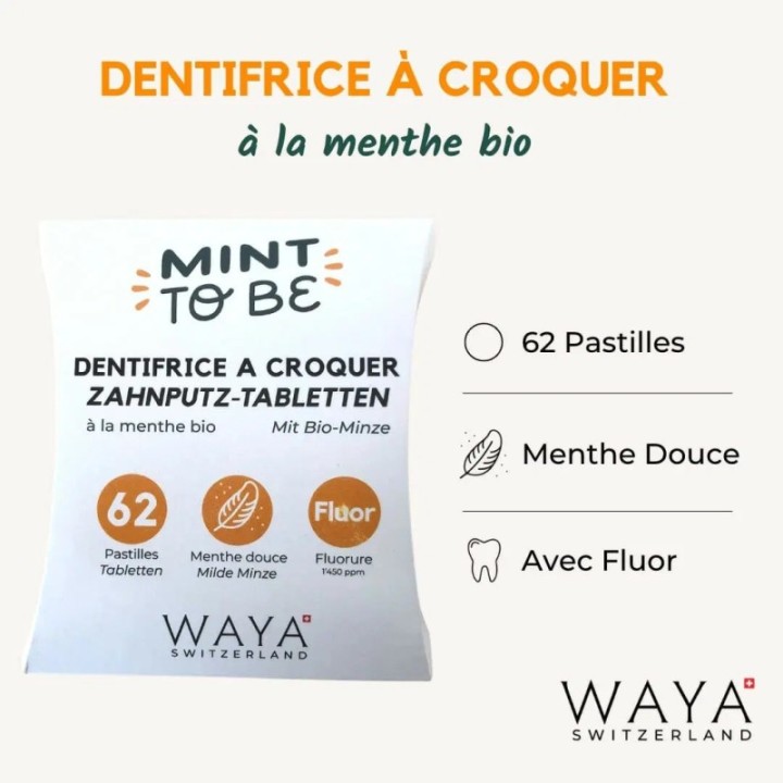 Dentifrice solide Suisse à la Menthe Bio, MOD, MOD fluor - 62 pastilles - Waya Cosmetics