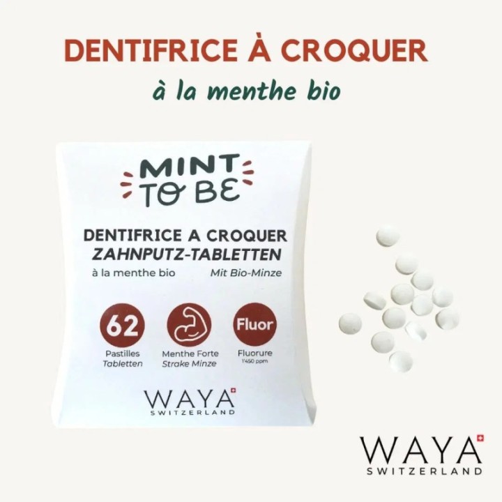 Dentifrice solide Suisse à la Menthe Bio, MOD, MOD fluor - 62 pastilles - Waya Cosmetics