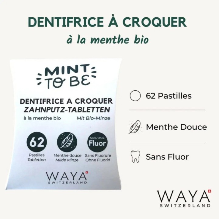 Dentifricio biologico alla menta svizzera, MOD, MOD fluor - 62 compresse - Waya Cosmetics