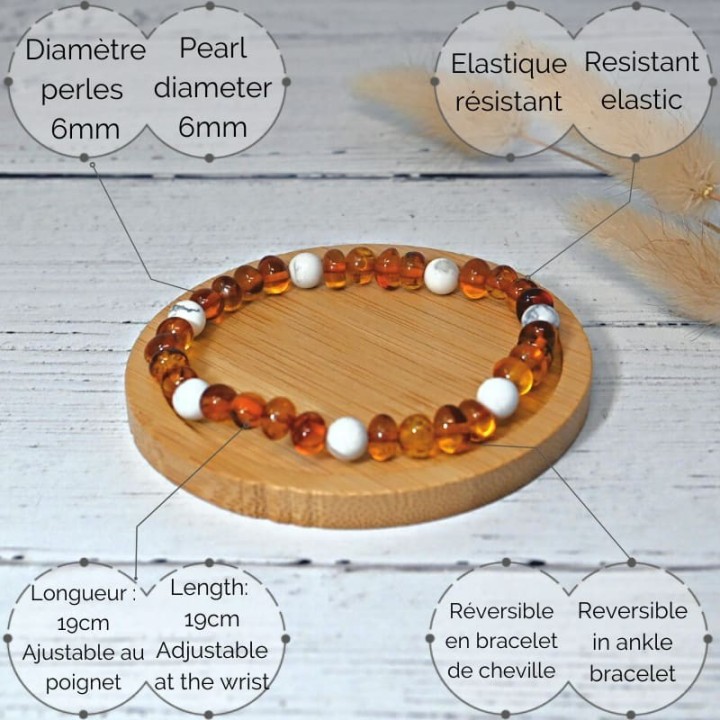 Bracciale in pietra naturale per adulti - Ambra e Howlite - 19 cm - Irréversible Bijoux